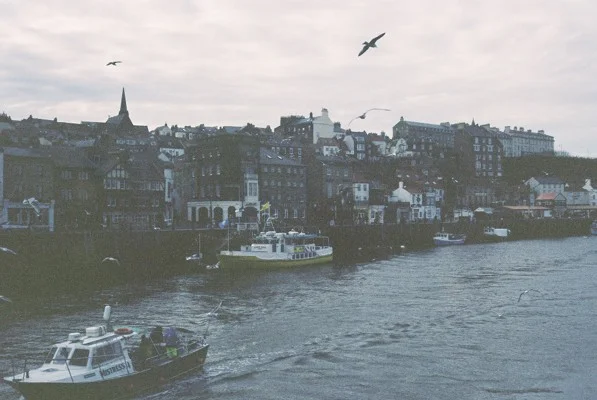 Image of Whitby harbour on a foggy day shot on film