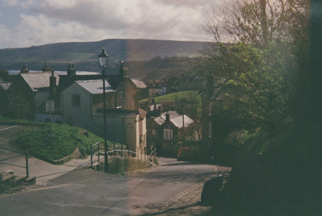 The view of Robin Hoods Bay from the top of the hill, shot on film 